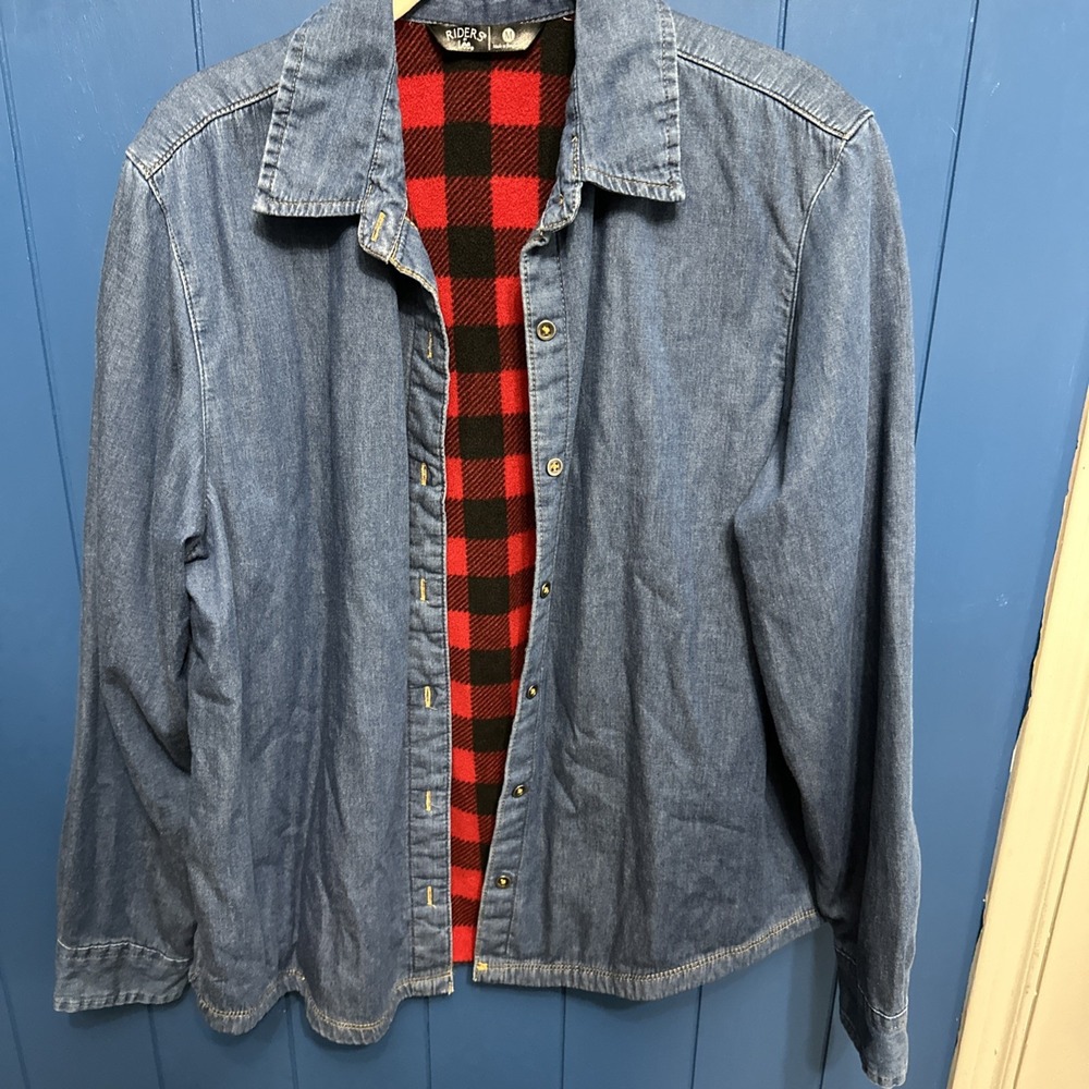 Riders Women's Blue Button Up Buffalo Plaid Fleece Lining Size Med Cotton Shirt